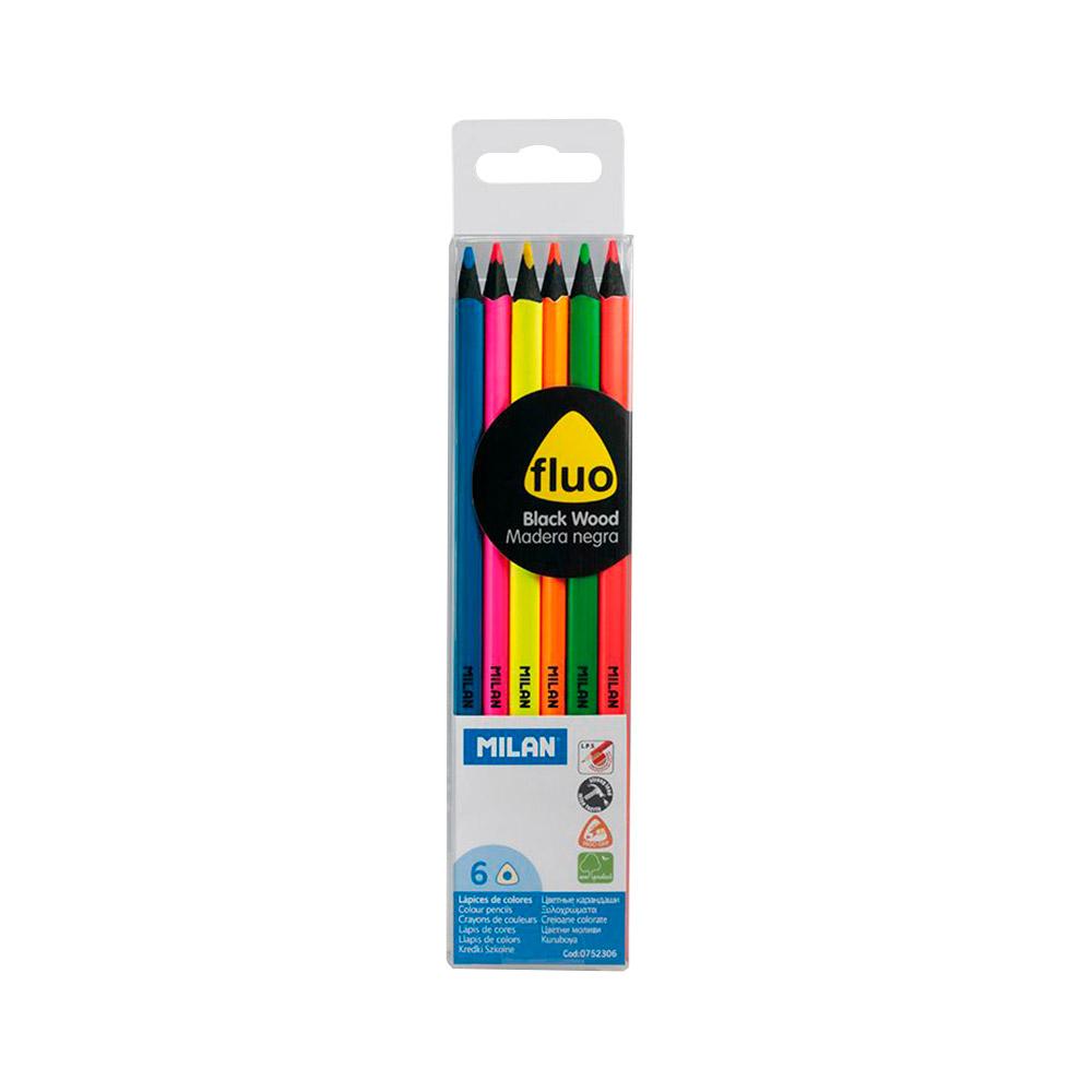 ESTUCHE 6 LAPICES FLUO MADERA NEGRA MILAN