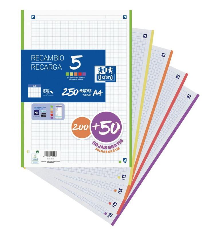 RECAMBIO A4 OXFORD 5X5 BANDA 5 COLORES 100+20 90GR VIVOS