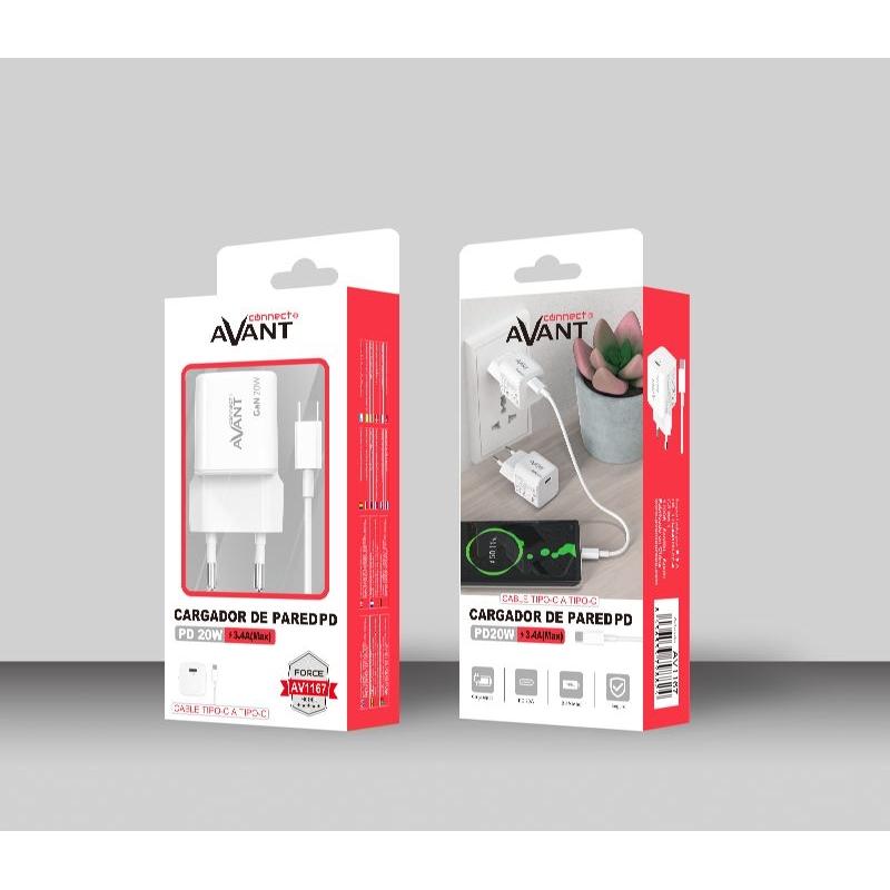 CARGADOR DE CORRIENTE AVANT CONNECT PD (TIPO C) 20W GaN CARGA RAPIDA + CABLE PD- TIPO C 1M