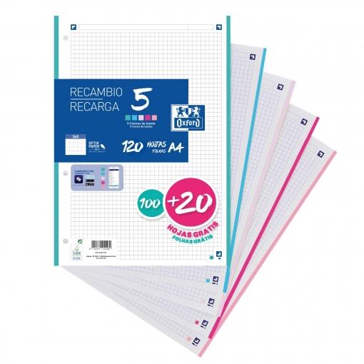RECAMBIO A4 OXFORD 5X5 BANDA 5 COLORES 100+20 90GR PASTELES