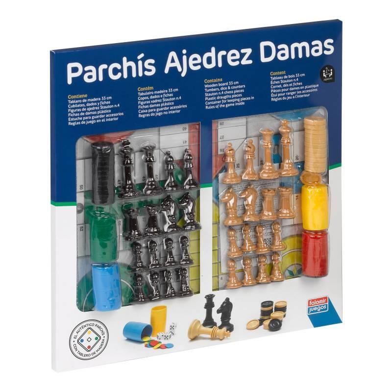 TABLERO MADERA PARCHIS-AJEDREZ-DAMAS 4 JUG. 33CM FALOMIR